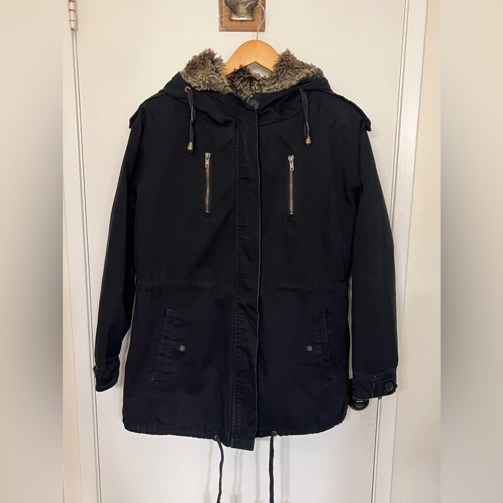 Black jacket with removable faux fur liner
